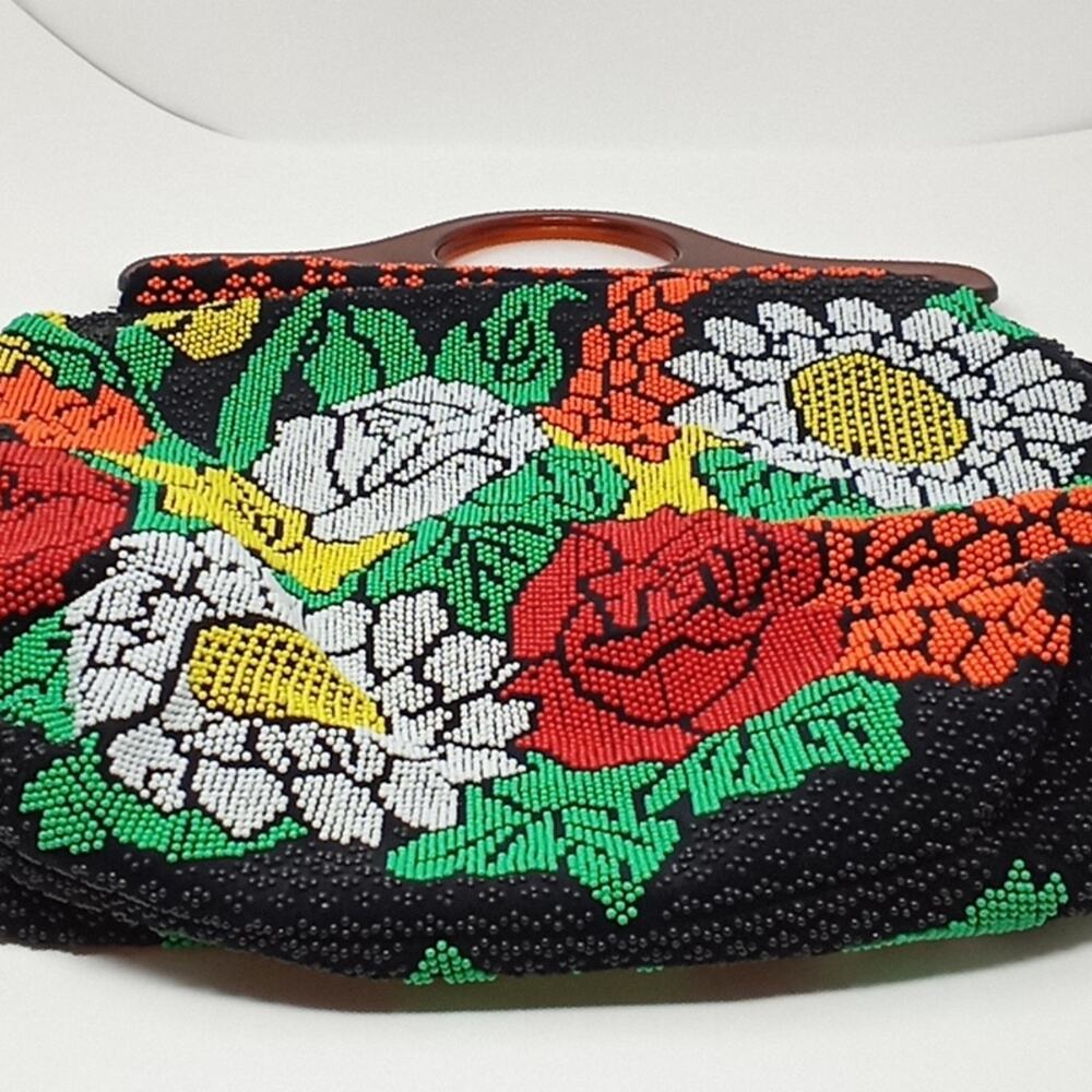 Vintage 1980's Colorful Beaded Unique Retro Handbag with Plastic Handles